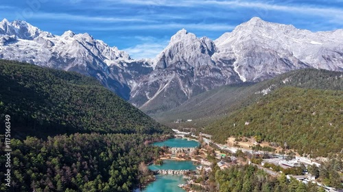 Aerial time-lapse view of Blue Moon Valley, Yulong Snow Mountain, Lijiang, Yunnan Province