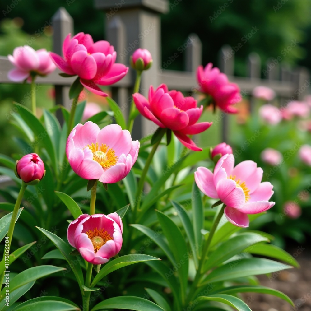 Colorful peony flowers blooming in summer garden fence, flowers, nature