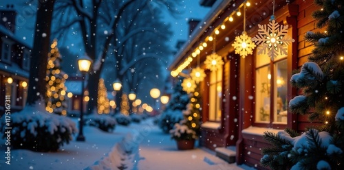 Wallpaper Mural Dangling snowflakes from twinkling lights on facade, snowflakes, festive Torontodigital.ca