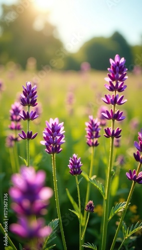 Field of Purple Prairie Clover flowers blooming in sunlight, purple, wildflowers photo