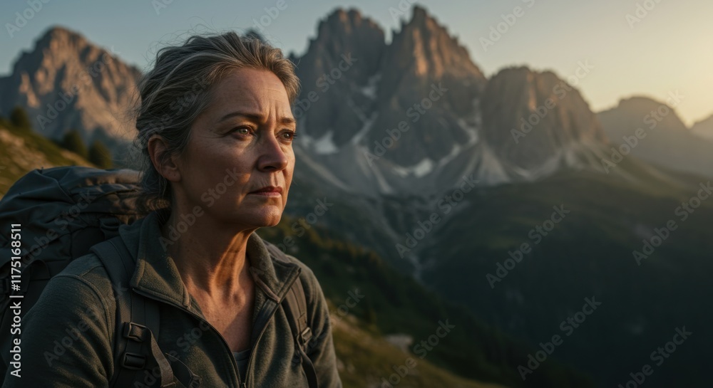 Mature Woman Hiker with Backpack Looking at Mountain View at Sunset Mature Woman Hiker with Backpack Looking at Mountain View at Sunset