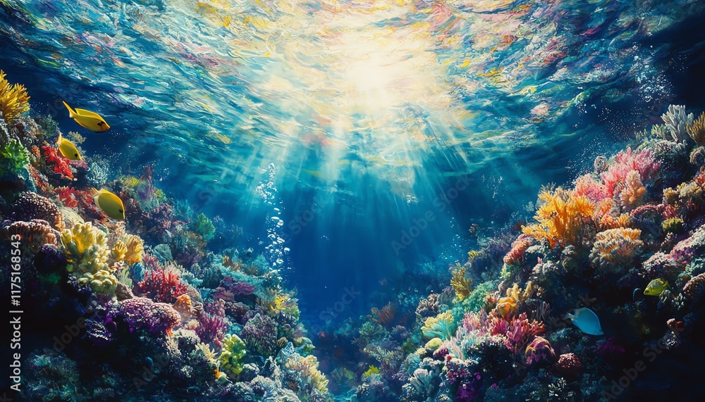 Fototapeta premium A vibrant underwater tropical scene with colorful coral reefs, exotic fish, and shimmering sunlight piercing through crystalclear water