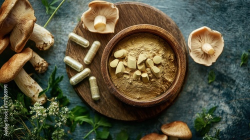 Wallpaper Mural A modern health mushroom concept showcasing powdered supplements, fresh varieties, and vibrant green herbs Torontodigital.ca