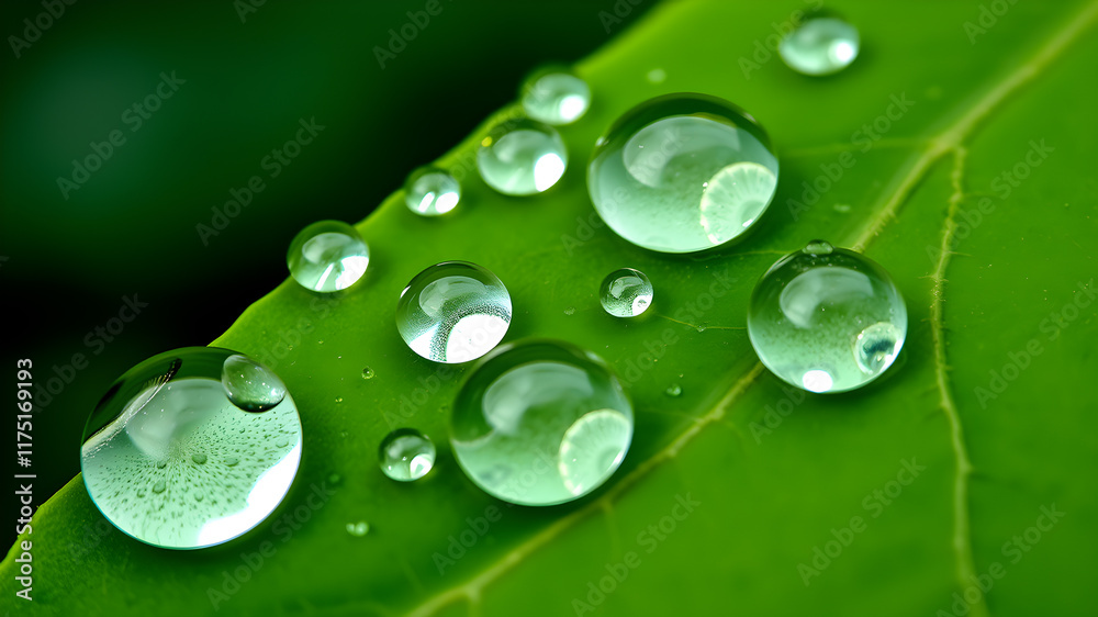 Large beautiful drops of transparent rain water on a green leaf macro. Beautiful leaf texture in nature. Natural background. Generative AI Large beautiful drops of transparent rain water on a green leaf macro. Beautiful leaf texture in nature. Natural background. Generative AI
