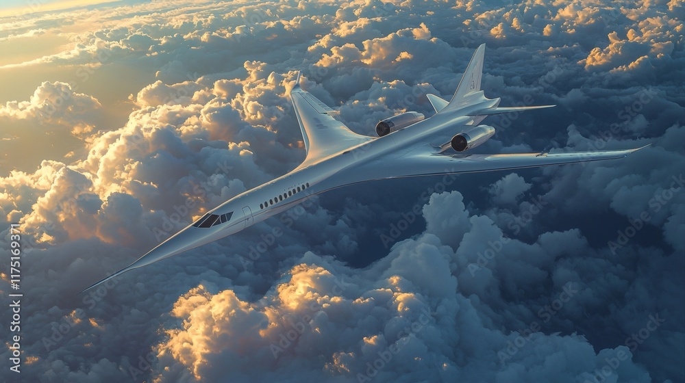 Fototapeta premium Supersonic airplane flying over clouds at sunset