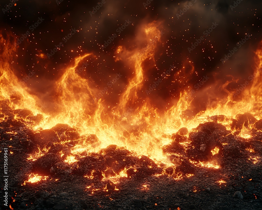 An intense closeup of burning charcoal, with vivid flames and glowing embers, ideal for a fiery barbecue scene An intense closeup of burning charcoal, with vivid flames and glowing embers, ideal for a fiery barbecue scene