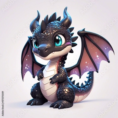 Cute Three-dimensional cartoon character of a black dragon baby, with glitter on the skin, full length photo