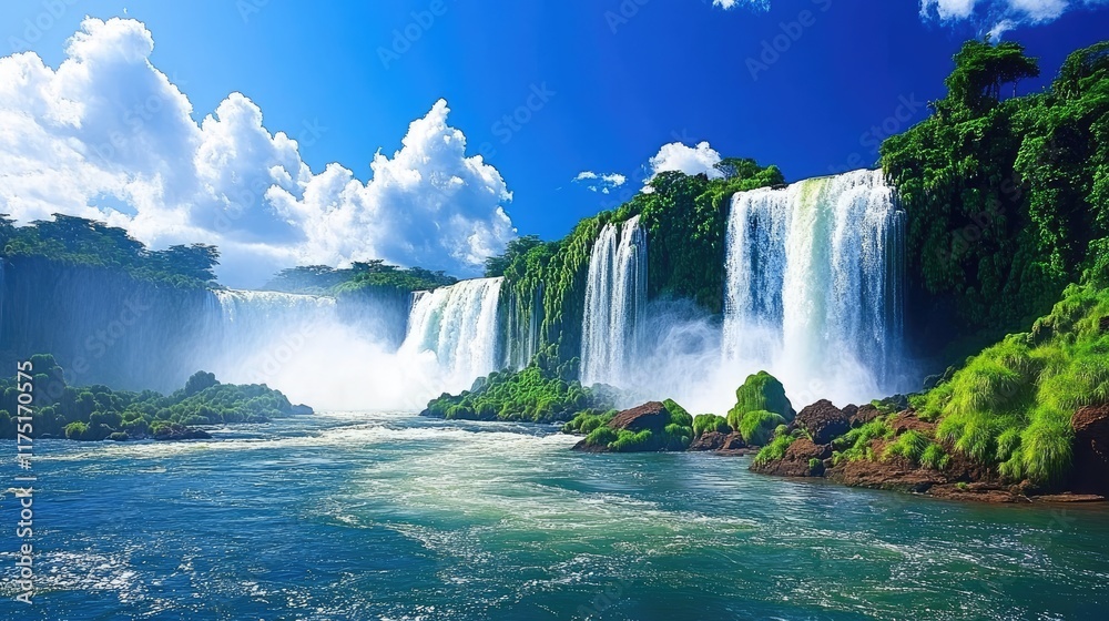 Fototapeta premium Majestic Iguazu Falls cascading under a vibrant blue sky