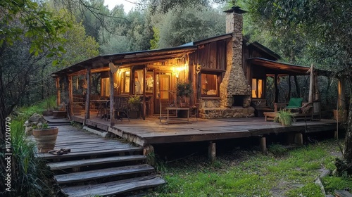 Rustic Wooden Cabin Nestled In A Lush Forest Setting