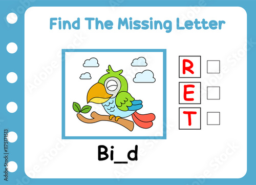 find the missing letter of animal . cute little bird