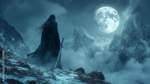 Dark elf under a full moon in snowy mountains. Generative AI photo