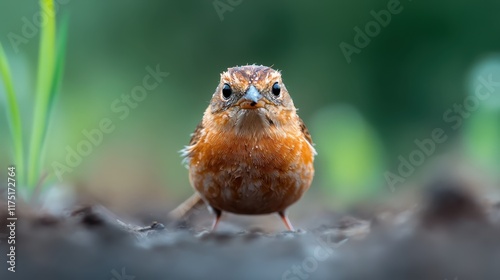 A drenched bird stares resolutely at its surroundings, its soaked feathers glint in the light, reflecting its enduring spirit and resilience against harsh elements. photo