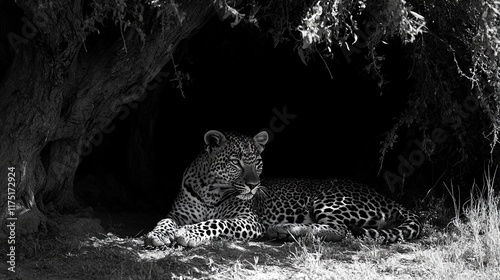 A wild African leopard resting under a tree, showing off its powerful form.  photo