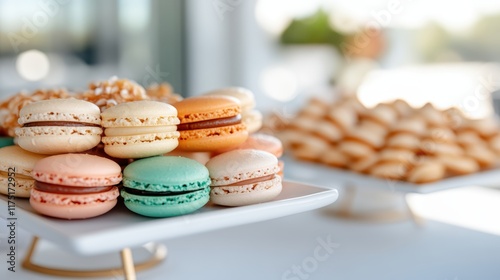 Delicate pastel-colored macarons artfully arranged on sleek ceramic square dishes, presenting a sophisticated and stylish sweet treat experience. photo