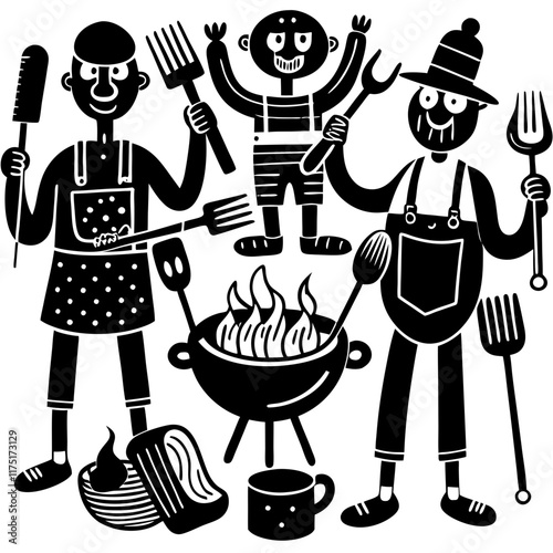 Family Barbecue Scene - Black and White Vector Illustration