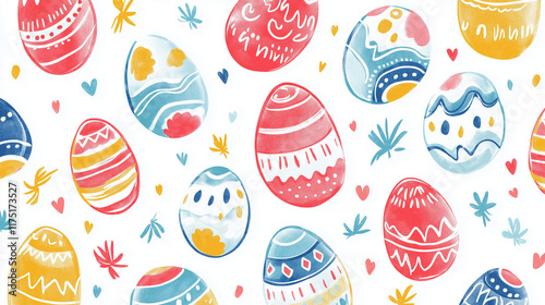 Beautiful patterns on Easter-themed eggs and rabbit on a white fabric. Easter day concepts. Generative AI Illustration.