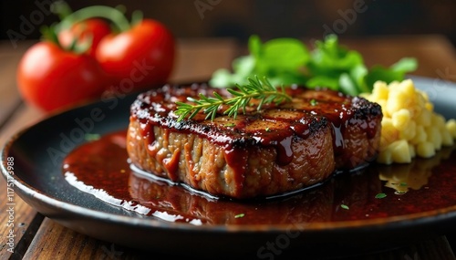 Ribeye steak on the bone with a rich demiglace sauce, steak, indulgent, sauce photo