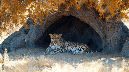 A wild African leopard resting under a tree, showing off its powerful form.  photo