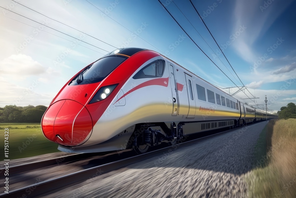 Naklejka premium Sleek modern train speeds through picturesque countryside on a sunny day, symbolizing progress