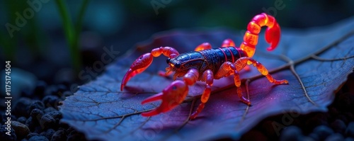 Scorpion Buthus occitanus glowing with UV light on a dry leaf, scorpion, Buthus occitanus photo