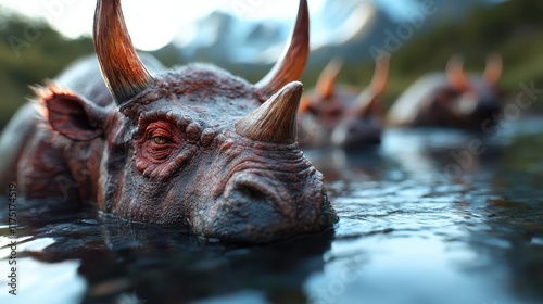 A rhino-like, horned creature makes its way through the water, its skin reflecting the daylight. The serene background enhances the creature's majestic appearance. photo