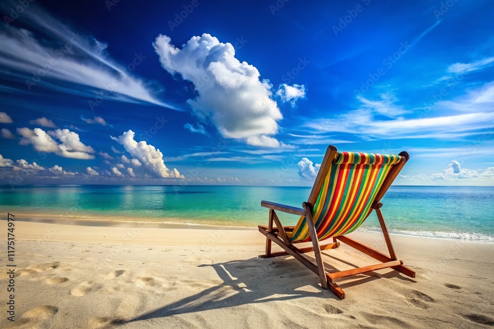 Serene Beach Vacation: Relaxing Chair Under Azure Sky & Ocean Serene Beach Vacation: Relaxing Chair Under Azure Sky & Ocean