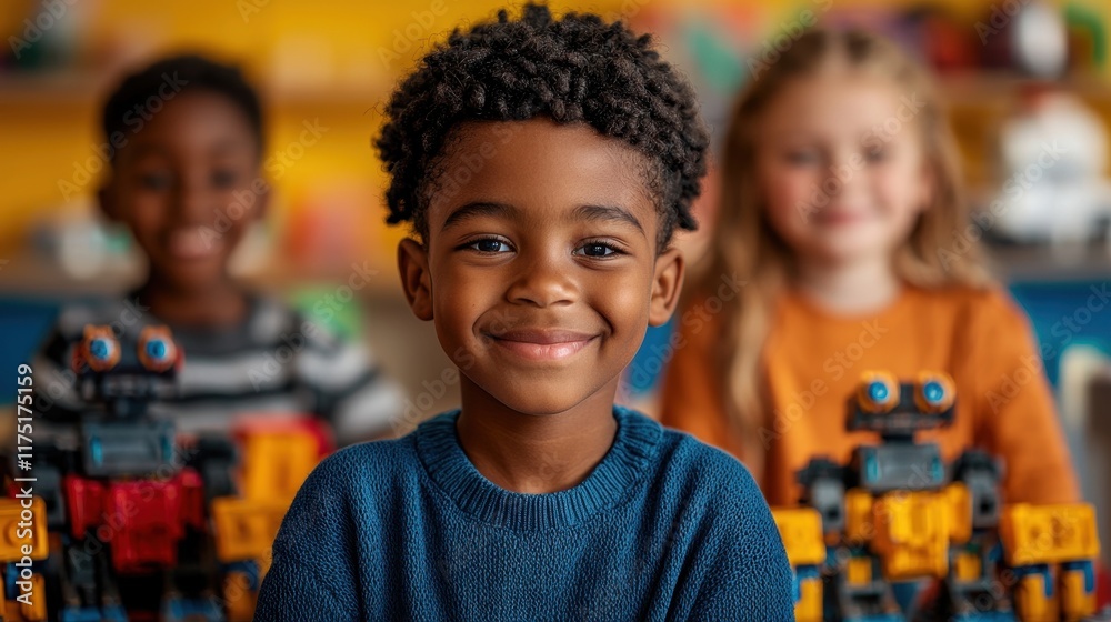 Happy Young Boy with Curly Hair Smiling in Front of Robot Toys in Classroom Setting Happy Young Boy with Curly Hair Smiling in Front of Robot Toys in Classroom Setting