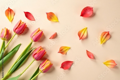 Single tulip petals scattered on light beige surface, tulips, scattering #1175175350