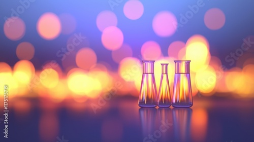 Glass laboratory flasks on reflective surface with colorful bokeh background photo