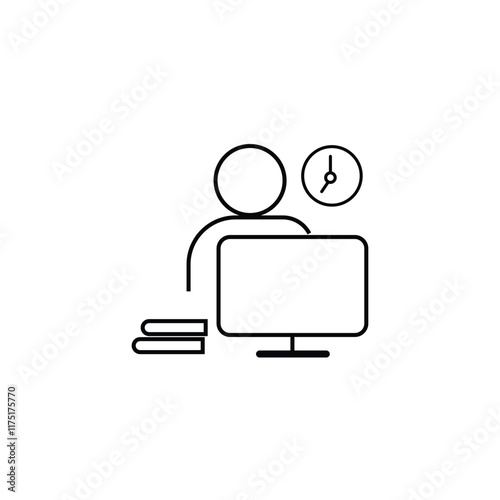 Junior manager icon. University student working on computer, books and notes. Recent graduate going through supervised training. Brand marketing intern.