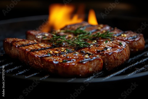 Grilled steak sizzling over open flames with herbs in a vibrant cooking setting photo