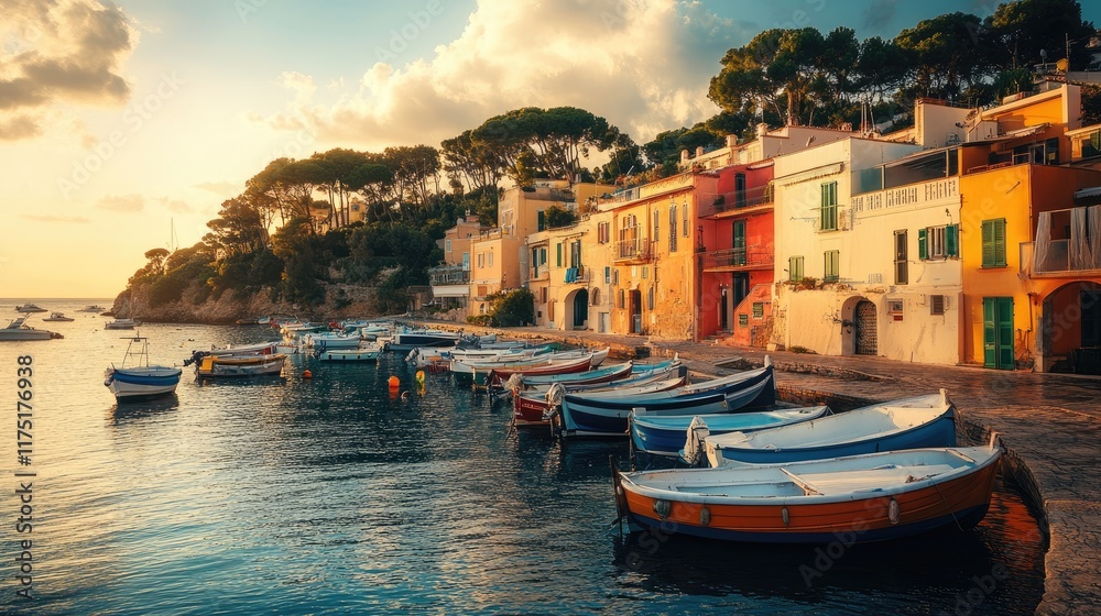 Fototapeta premium Colorful Mediterranean village harbor sunrise boats