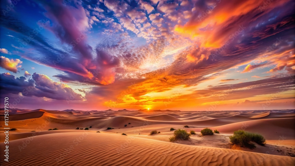Fotografie Serene Desert Sunset: Pastel Hues & Dramatic Sky