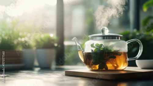 A steaming glass teapot infused with organic herbs, captured in a sunlit room with lush green plants in the background, promoting warmth and natural living. photo