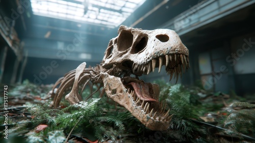 A dramatic Tyrannosaurus rex skull fossil is set against the backdrop of an abandoned warehouse, symbolizing the convergence of primal nature and modern decay. photo