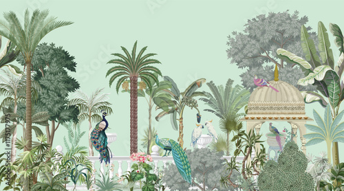 Traditional Mughal garden illustration pattern for wallpaper, peacock, Bird, Watercolor Background.