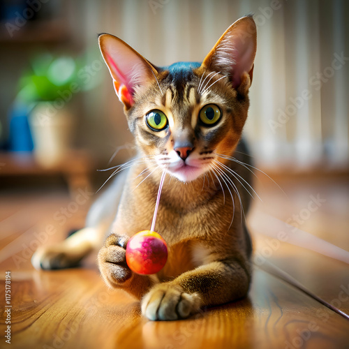 Playful Abyssinian cat with toy. photo