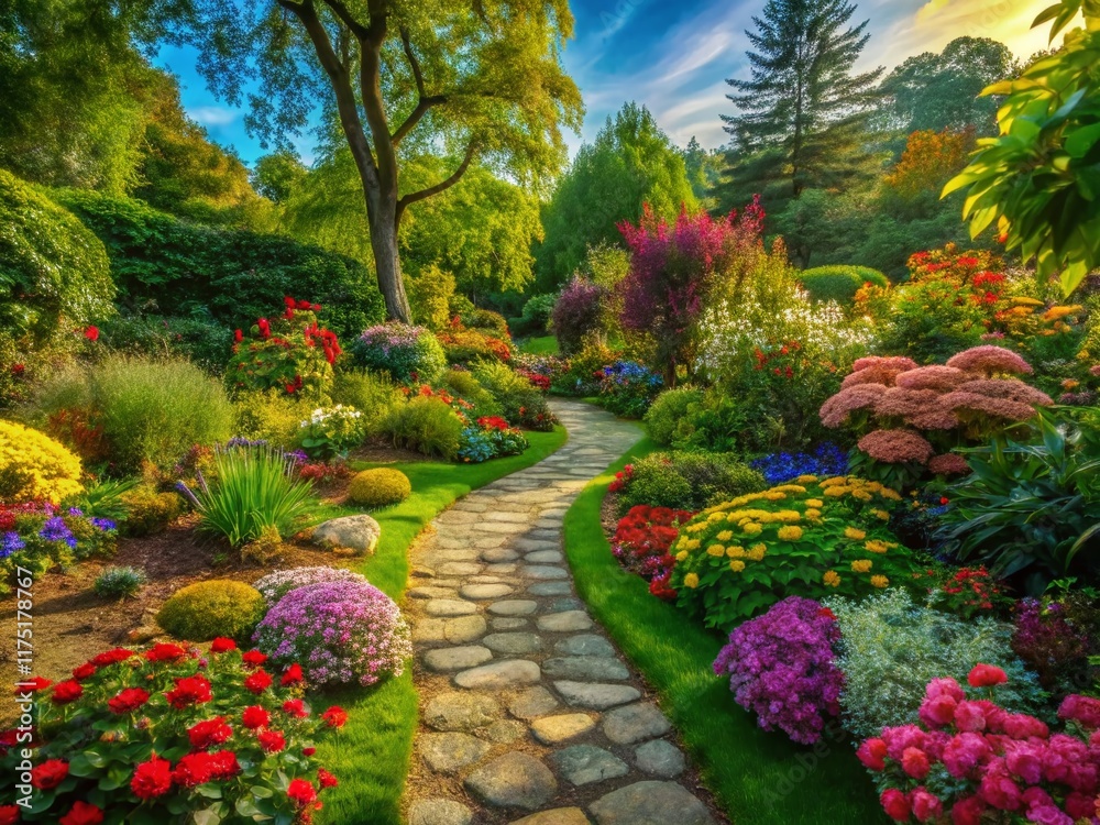 Obraz premium Serene Garden Path: Lush Landscaping with Meandering Walkway & Blooming Plants