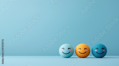 Consumer behavior insights. Three colorful happy balls against a soft blue background, conveying happiness and joy.