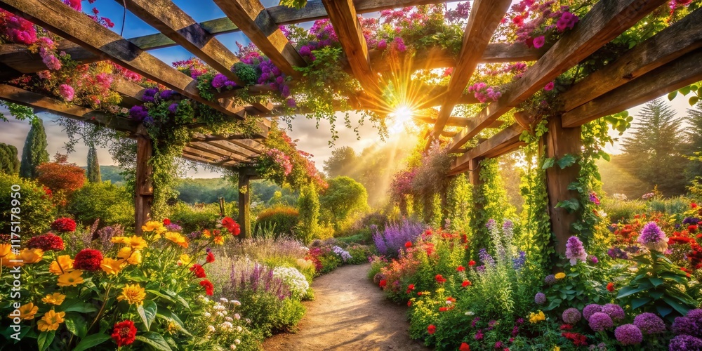 Obraz premium Serene Garden Pergola: Double Exposure Stock Photo of Nature and Architecture