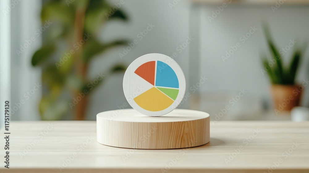 Fototapeta premium Consumer behavior insights. Colorful pie chart on a wooden base with greenery in a bright, modern workspace.