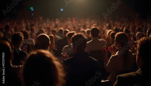 Large audience applauding in a dimly lit conference hall.