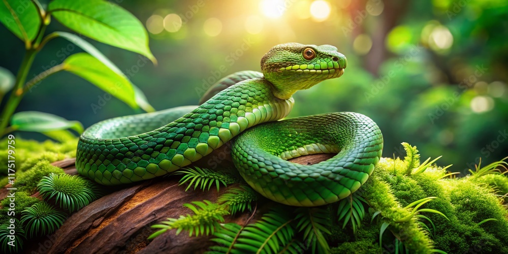 Obraz premium Serene Green Snake Coiled on Mossy Log in Tranquil Forest Habitat - Urban Exploration Photography