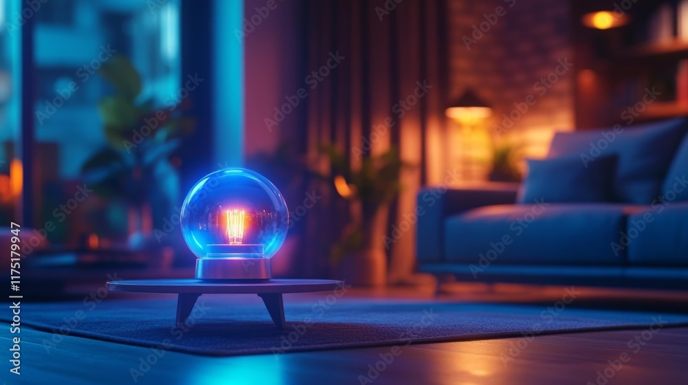 Futuristic Lamp with Blue Glow in Modern Living Room. Generative AI Futuristic Lamp with Blue Glow in Modern Living Room. Generative AI