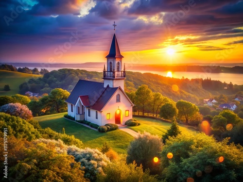 Serene Hillside Church: Port Washington, Wisconsin Scenic Stock Photo photo