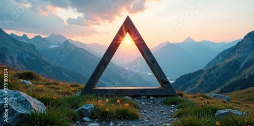 Upside-down triangle within a serene mountain landscape, natural, soft