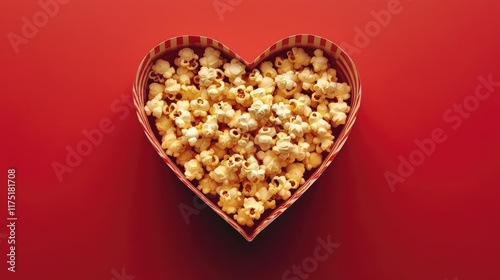 A striped cardboard box of salted popcorn placed in a heart-shaped arrangement on a vibrant red background. Top view, flat lay with copy space.
