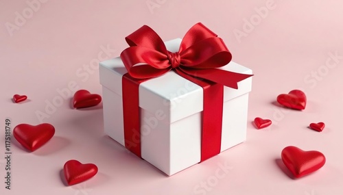 White gift box wrapped in red velvet ribbon and bow, gift box, ribbon