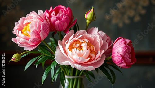 Pink peonies in vase against dark background. Possible use Stock photo photo