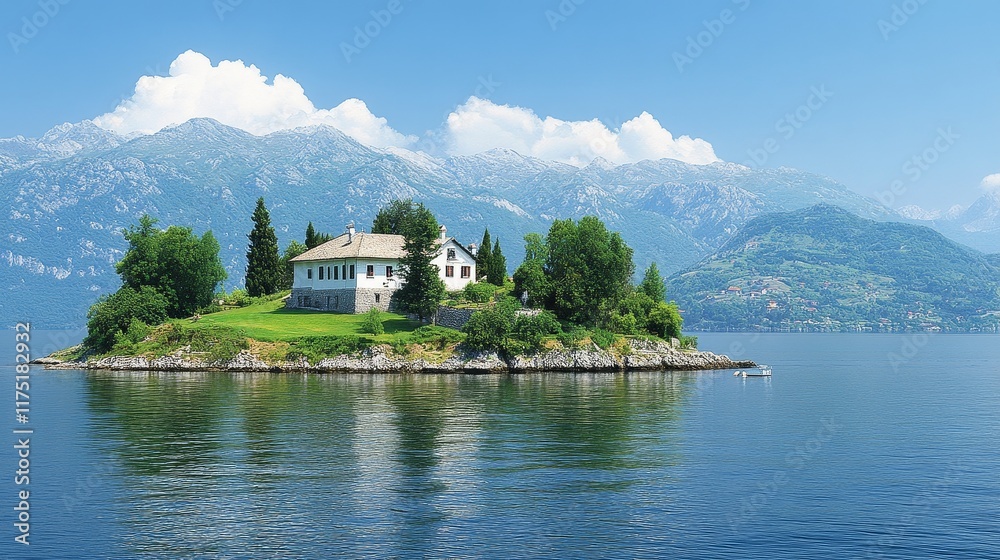 Fototapeta premium Serene Island Monastery nestled amidst majestic mountains and tranquil waters